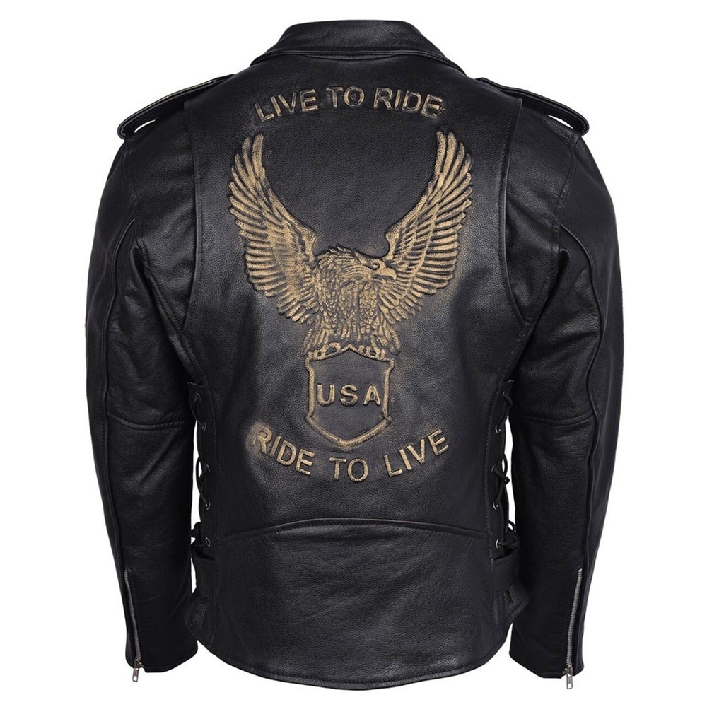 VANCE LEATHERS USA Men's Eagle Embossed Classic Biker Jacket (HMM525Be) Size LRG